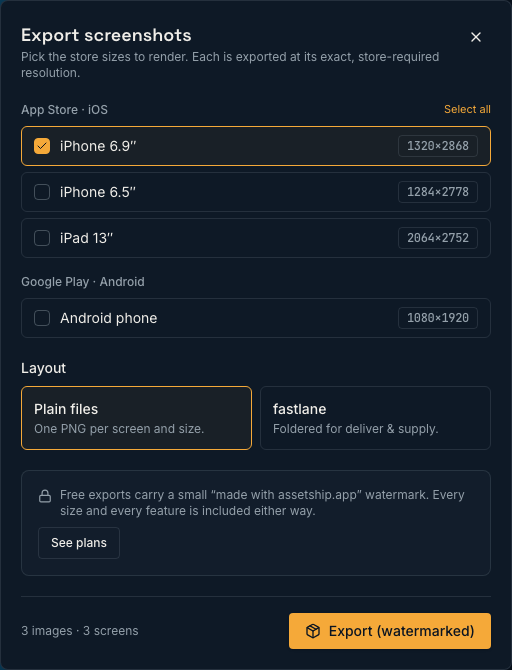 The export dialog listing App Store and Google Play sizes as checkboxes
