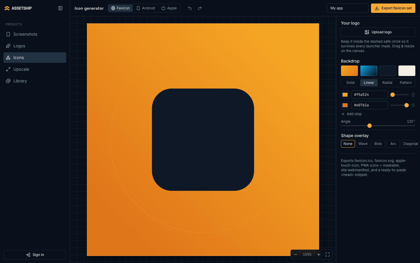 The icon generator with a mark on a gradient backdrop and the safe-zone keyline visible