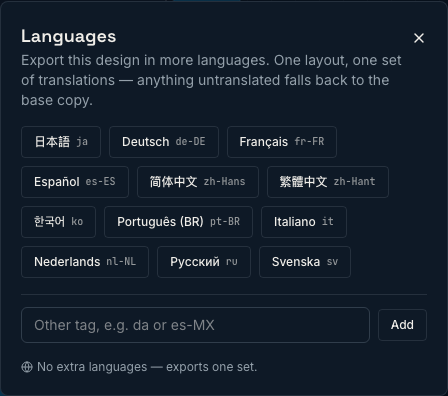 The Languages dialog with suggested locale chips