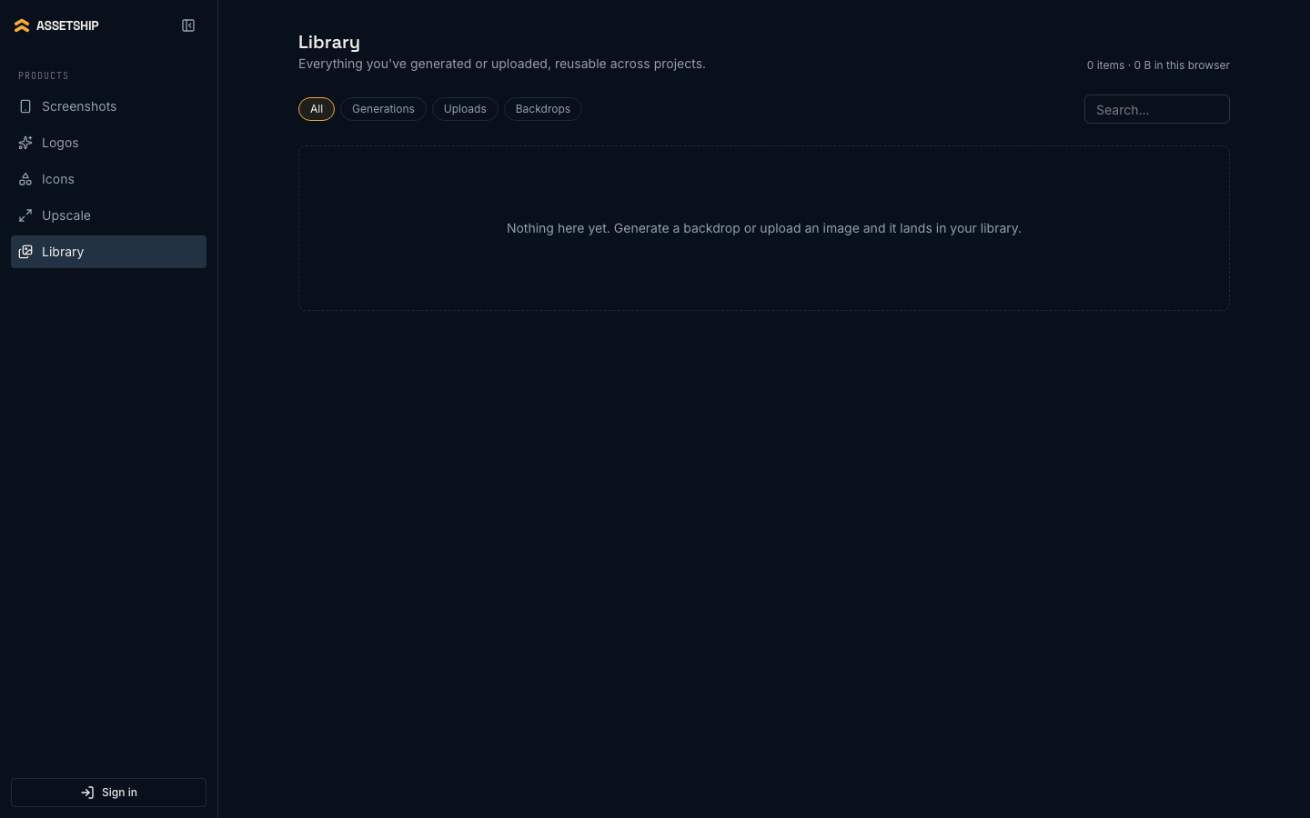 The library with filter pills and asset cards