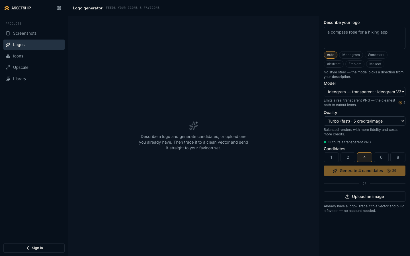 The logo generator showing the prompt, style pills, model controls and candidate strip
